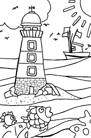 Seascape with lighhouse and sun. Kidergarten Kids Drawing Lighthouse Coloring Pages Download Print Online Coloring Pages For Beach Coloring Pages Online Coloring Pages Free Coloring Pages