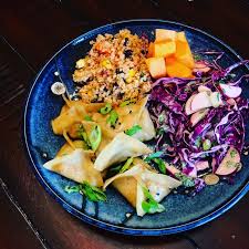 Chinese Five Spice Dumplings With Quinoa Salad Creamy Slaw Melon Family Friendly Meals Food Inspiration Meals