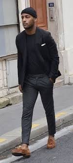 Black And White Combination T Shirt Fall Business Casual Combo With A Black Beanie Black T Shirt Black Blazer White Pocket Square Gray Pants No S Mens Outfits Mens Fashion Casual Black Blazer Men