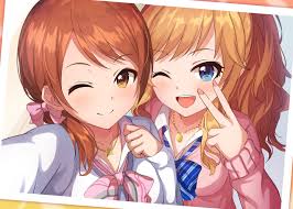 Her eyes are blue and she wears dark clothing. Alisia0812 Blonde Hair Blue Eyes Blush Brown Eyes Brown Hair Close Houjou Karen Idolmaster Idolmaster Cinderella Girls Long Hair Necklace Ootsuki Yui Ponytail Short Hair Twintails Wink Konachan Com Konachan Com Anime