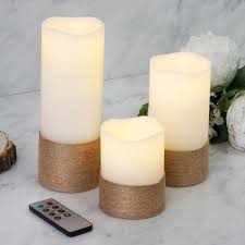 Set Of 3 Flameless Candles Natural Brown Twine Battery Operated Led Pillar Candle Lights With Remote Timer 4 6 8 Led Pillar Candle Pillar Candles Flameless Candles