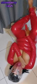 Strawberry Cash Plastic wrap breath play wand vibrator in red latex - Porno  Videos Hub
