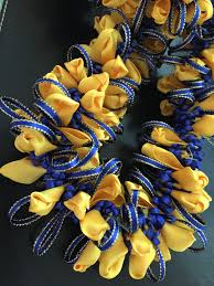 My Handmade Blue And Gold Crocus Satin Ribbon Lei For A College Graduate Ribbon Lei Satin Ribbon Roses Graduation Crafts