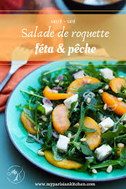 Salade De Roquette Aux Peches Et A La Feta My Parisian Kitchen Recette Salade Roquette Salade Salade De Peche