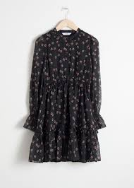 Front Image Of Stories Layered Ruffle Dress In Black Layered Ruffle Dress Ruffle Floral Maxi Dress Muslimah Fashion Outfits