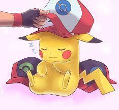 1boy Baseball Cap Fingerless Gloves Gloves Hat Holding Leaning Back Pikachu Pokemon Pokemon Anime Satoshi Pokemon Sittin Pikachu Cute Pikachu Anime Sitting