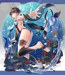 hobak, cherno kegaard, snowbreak: containment zone, highres, 1girl, ahoge,  alternate costume, ass, braid, brown eyes, brown hair, coral, goggles,  ocean, orca, see-through clothes, see-through shawl, shawl, short hair,  swimsuit, twin braids, underwater,