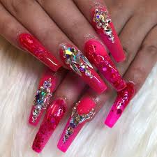 Coffin nail designs 2021 display pink in the forms of shimmer, gleam or gold foil. Alondra Valle On Instagram Hot Pink Jelly With A Bit Of Glitter And Bling Nails Design With Rhinestones Bling Nails Rhinestone Nails