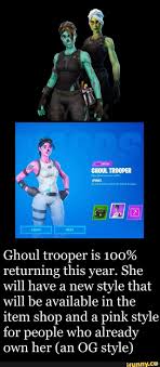 Find best value and selection for your fortnite account ghoul trooper og pink style reflex skin og purple skull trooper search on ebay. Ghoul Trooper Is 100 Returning This Year She Will Have A New Style That Will Be Available In The Item Shop And A Pink Style Ifunny Ghoul Trooper Funny