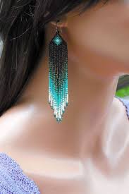 Long Seed Bead Earrings Black Teal Ombre 5 Inch Earrings Ready To Ship For Her Seed Bead Earrings Bead Earrings Diy Earrings