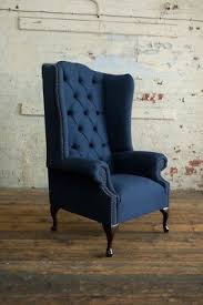 handmade navy blue herringbone wool chesterfield high back fabric wing chair ebay single sofa chair wing chair single seater sofa