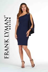 Frank Lyman 2017 Stylish Navy Cocktail Length Dress With Bat Sleeve And Built In Bra Proudly Made I Cocktail Length Dress Dresses One Shoulder Cocktail Dress