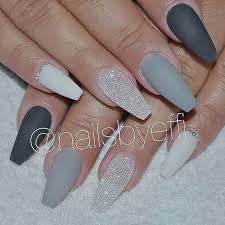 Coffin Shaped Black And Grey Acrylic Nails Matte Grey White Diamond And Swarovski Stones Gel Nailsbyeffi Grey Acrylic Nails Gray Nails White Acrylic Nails