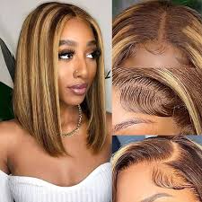 Amazon.com : Ombre Highlight Bob Wig Human Hair 13x4 Lace Front Wigs P4/27  Colored Wigs 14 Inch Honey Blonde Bob Human Hair Wig 180 Density Glueless  Short Human Hair Wigs for Women