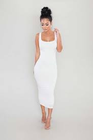 In A Soft Stretch Knit That Holds You In For A Covetable Form Fitting Fit This Sleeveless Dress Features A White Tank Dress Pretty Dresses White Bodycon Dress