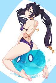 ass back bare back barefoot blue eyes blush breasts choker dat  ass feet feguimel female female focus genshin impact humping looking at  viewer mona (genshin impact) one-piece swimsuit sitting