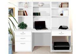 Compact desk design with a spacious desktop, 2 drawers, and storage compartments you can keep your books, papers, files, pens laptop, and other small items. Small Office Desk Set With 3 1 Drawers Printer Shelf Hutch Bookcases White Furniture At Work
