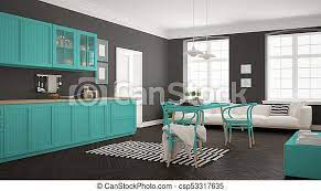 However, they are all open shelves are particularly common in scandinavian kitchens. Minimalist Modern Kitchen With Dining Table And Living Room White And Turquoise Scandinavian Interior Design Canstock