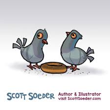 That time again already. #kidlitartpostcard day! In contrast to a nice  winter theme, here are a couple of street pigeons sharing a bagel. Tis the  season of sharing! I like comics and