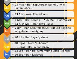 Semua tarikh cuti ini adalah tertakluk kepada perubahan semasa pada tahun 2019 nanti. Senarai Cuti Umum Negeri Johor 2021