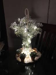 Testing Centerpiece Assemblage Mason Jar Fairy Lights Tree Slice Mini Succulents Terra Cotta Pot Fairy Lights Mason Jar Fairy Lights Wedding Centerpieces