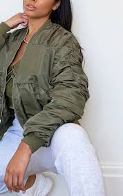 Khaki Ruched Oversized Bomber Jacket Prettylittlething Il