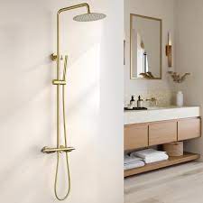 Amazon.com: RBROHANT Exposed Gold Shower System with Brass Thermostatic  Shower Valve, Exposed Shower Faucet Set with Height Adjustable 10 Inch Rain  Shower Head and Handheld, Dual Function, Wall Mounted : Beauty &