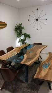 White Oreo Live Edge River Dining Table With Bench And Glowing Resin Fillin Dining Table With Bench Dining Table Blue Dining Tables