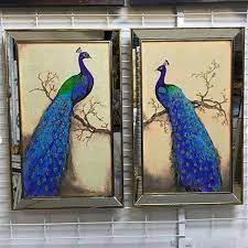 Ayna Cerceveli Tablo Ikili Tavus Kuslu Modeller Peacock Wall Art Antique Mirror Frame Colorful Birds