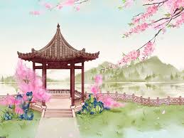 Traditional Chinese Painting With Chinese Pavilion And Blossoming Chinese Art Painting Chinese Landscape Painting Asian Painting