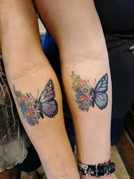 Simple pink butterfly tattoo with cancer sign on half. Half Flowers Half Butterfly Forearm Tattoos Mother Daughter Infinity Tattoos Tattoos For Daughters Mom Daughter Tattoos Butterfly Tattoo Designs