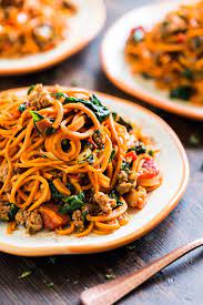 Sweet Potato Noodles With Chorizo Roasted Red Pepper And Spinach Get Inspired Everyday Sweet Potato Noodles Stuffed Peppers Sweet Potato