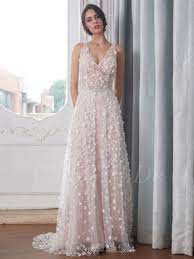Abend elegant ballkleider lang mit glitzer stylish; Boho Sommer V Ausschnitt Ruckenfreies Brautkleid Transparent Farbig Rosa Tull Perlen Blumen
