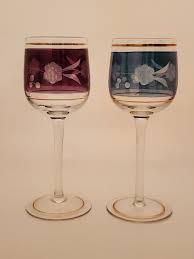 BOHEMIAN CZECH CRYSTAL Cut To Clear Cordials in Blue Purple Etched Flowers  Pair