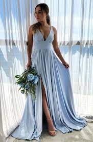 Know the latest and the hottest korean fashion! Elegant Simple Light Blue V Neck Long Prom Dresses With Front Split Shedress Online Store Powered By Storenvy