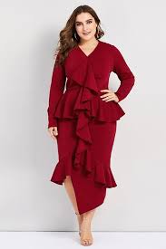 Plus Size Glam Ruffles Long Sleeve Peplum Dress Neckline V Neck Dresses Length Knee Length Long Sleeve Peplum Dress Womens Sheath Dress Plus Size Tunic Dress