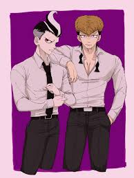 mokuzou (mokumokuzo), owada mondo, tanaka gundham, danganronpa: trigger  happy havoc, danganronpa (series), danganronpa 2: goodbye despair, black  neckwear, highres, 2boys, alternate costume, belt, black belt, black hair,  black pants, brown hair, cowboy