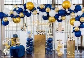 Amazing Blue And Gold Party Decor Inspiration Party Balloon Decor From Boutique Balloons Gold Party Decorations Gold Graduation Party Blue Party Decorations