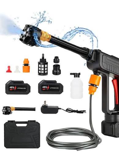 Hidrolavadora portátil inalámbrica de 48W con 2 baterías recargables, ideal  para limpiar auto, moto, bicicletas, patios y muebles de jardín sin  necesidad de enchufe. Incluye manguera de succión, filtro, botella para  espuma,
