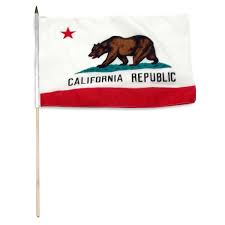 California law, legal system and justice concept with a 3d render of a gavel on a wooden desktop and the californian flag on background. California 12in X 18in Polyester Flag