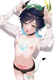 1boy aqua eyes blue hair bulge chest tattoo choker demon demon  horns demon tail femboy genshin impact hat heart heart-shaped pupils hi res  kkopoli male male only naughty face