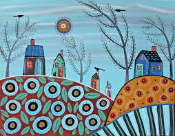 Pale Blue Landscape 11x14 Original Canvas Painting Cat Folk Art Karla Gerard Dibujos Bonitos Painting Dibujos
