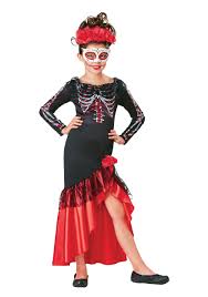 This Child S Day Of The Dead Senorita Costume Complete With The Dress Flowers And Mask Are Ready To Help Your Child J Senorita Costume Girl Costumes Costumes