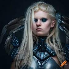 Norse blonde hair alien angel with futuristic armor and halo around the  head on Craiyon