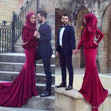 Burgundy Mermaid Long Sleeve Muslim Evening Dresses With Peplum 2018 Custom Make Jewel Full Back Dubai Hijab Occasion Prom Gown Wear Designer Long Evening Dress Muslim Evening Dresses Evening Dresses With