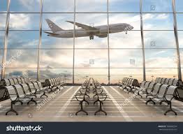 Empty Airport Terminal Lounge With Airplane On Background 3d Illustrationterminal Airport Empty Lounge 3d Illustration Airports Terminal Background