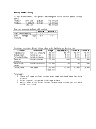 Biaya yang terkait dengan suatu produk dapat dikategorikan sebagai biaya langsung dan biaya tidak langsung. Soal Activity Based Costing