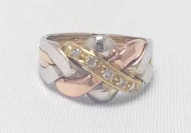 Puzzle ring , in sterling silver 14k gold plated. Puzzle Ring 14k Tri Colour Gold With 5 Genuine Diamonds The Etsy