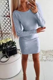 Round Neck Beading Plain Long Sleeve Bodycon Dress Bodycon Dress Outfit Bodycon Dress Formal Long Sleeve Fashion Casual Mini Dress Casual Body Con Dress Outfit