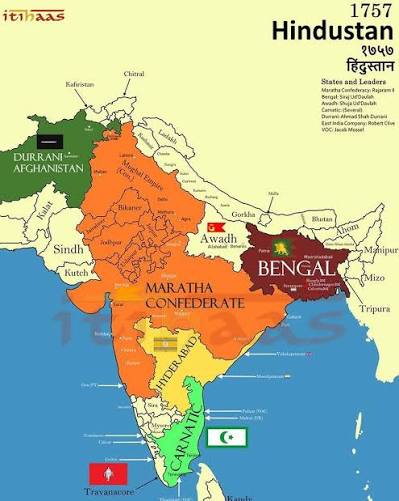 This map of Hindustan in 1757📌 captures a pivotal moment in Indian history—just before the British East India Company began its formal colonization of the subcontinent. At this time, the Mughal Empire,
